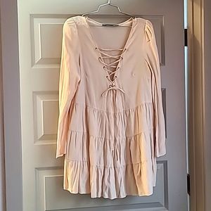 Ark & Co cream flowy corset lace up peasant mini dress/ tunic